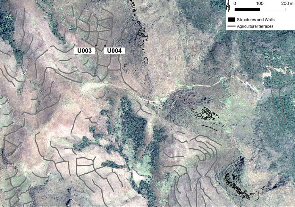 La Fila, Peru, showing a partial view of residential areas, terraces, and excavation units. Imagery courtesy of Maxar.