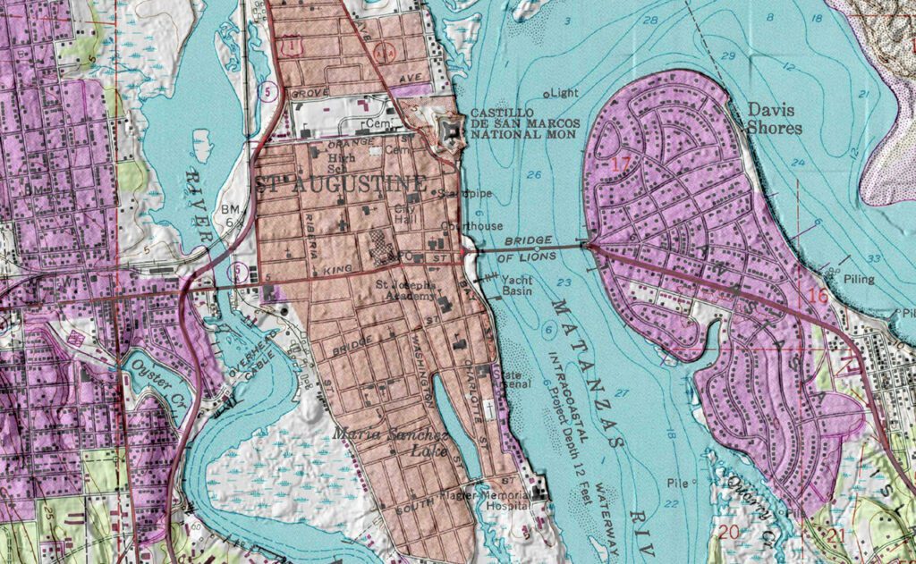 This image represents a modern USGS Topographic Map with the digital elevation model-derived hillshade overlain to get a better demonstration of the topography of St. Augustine in a commonly-accessed map resource.