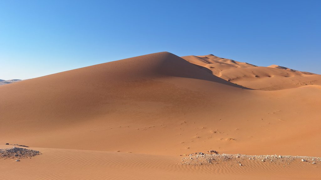 Deep in the Rub al-Khali Desert, the Urq Jadailah dunes must be crossed before reaching an interdune valley and an archaeological site surrounding a paleolake (Credit: French Mission in Oman).