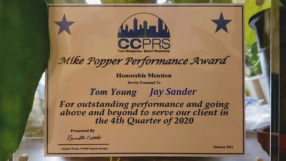 CCPRS - Mike Popper Performance Award certificate