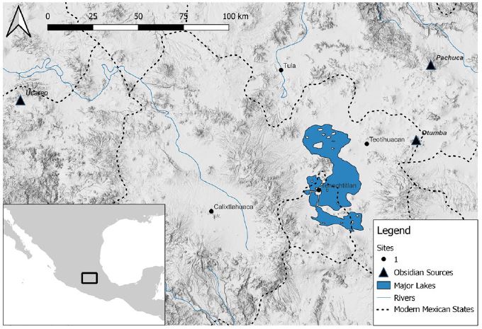 Map depicting Calixtlahuaca’s location in Central Mexico and the sources of obsidian well represented in the city. Image credit: Angela Huster.