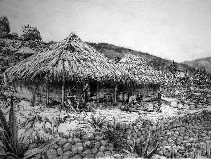 Artist’s reconstruction of biface flaking at a Postclassic Calixtlahuacan household. Illustration by Michael Stasinos.