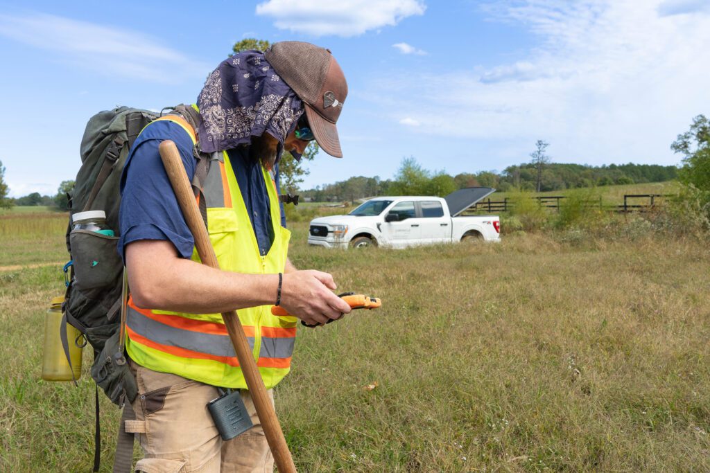 A Chronicle Heritage archeologist uses Codifi to log shovel pit data on a project site in Tennessee.