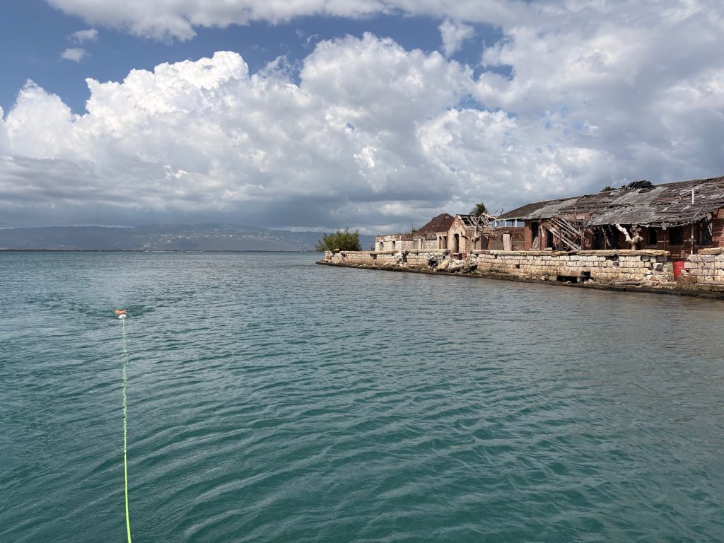 A Geometrics G-882 marine magnetometer being towed over the sunken city of Port Royal, Jamaica. Photo courtesy of Matt Hanks